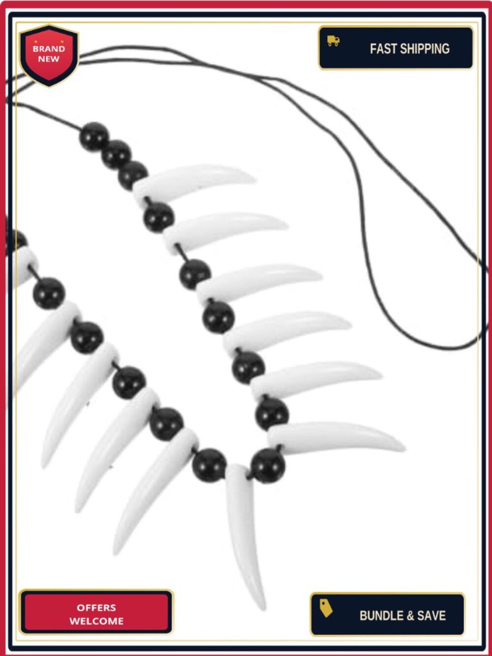 Mens Fangs Pendant Beads Necklace 11.81 in Cosplay Halloween Costume Jewelry